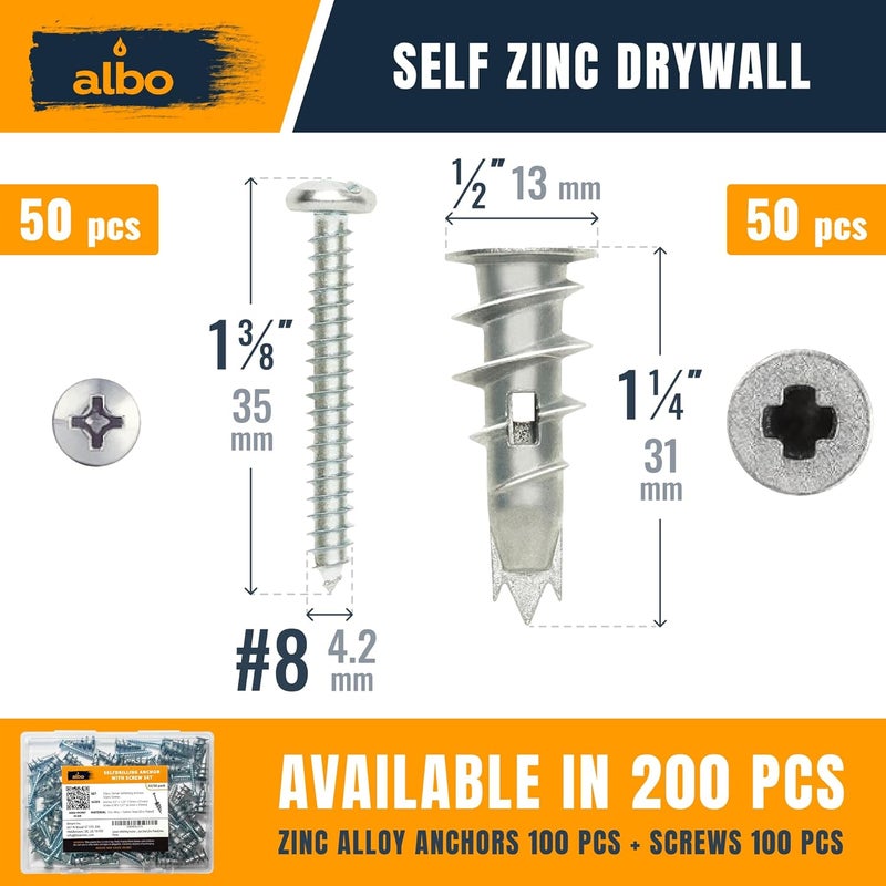 ALBO #6 Zinc Self-Drilling Drywall Anchors, 100PC Set – Includes 50 Heavy Duty Sheetrock Anchors & 50#6 x 1-1/4'' Screws – 75LB Capacity for Hanging and Mounting - Image 2